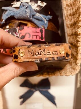 MaMa Engraved Leather Bracelet with Leopard Print